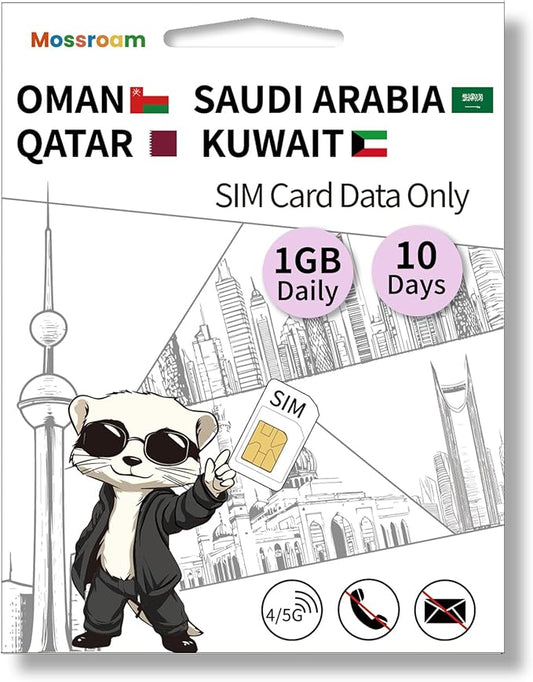 3-in-1 SIM Card for Saudi Arabia, Qatar, Oman, Kuwait – Prepaid Data Plans | Day Pass 1GB Daily Data,10 Days | Unlimited 4/5G Speed Internet