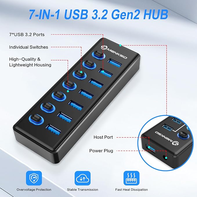 7-Port USB 3.2 Hub, Data USB Hub Splitter with Individual On/Off Switches and Lights, Compatible with Laptop, PC, MacBook, Mac Pro, Mac mini, iMac, Surface Pro and More