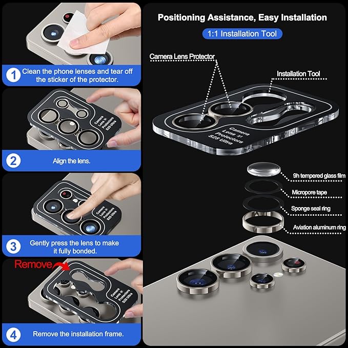 WSKEN for Samsung Galaxy S25 Ultra Camera Lens Protector - Ultra Thin Case Friendly, 9H Shatterproof Tempered Glass with Aluminum Metal Circle Camera Screen Protector Cover Accessories, Gray