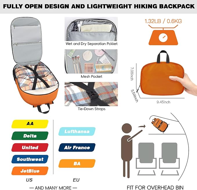 Seektop 40L Hiking Backpack Foldable Daypack for Women Men, Lightweight Travel Backpack Carry on Flight Approved for Camping School Work Business Leisure (Orange)