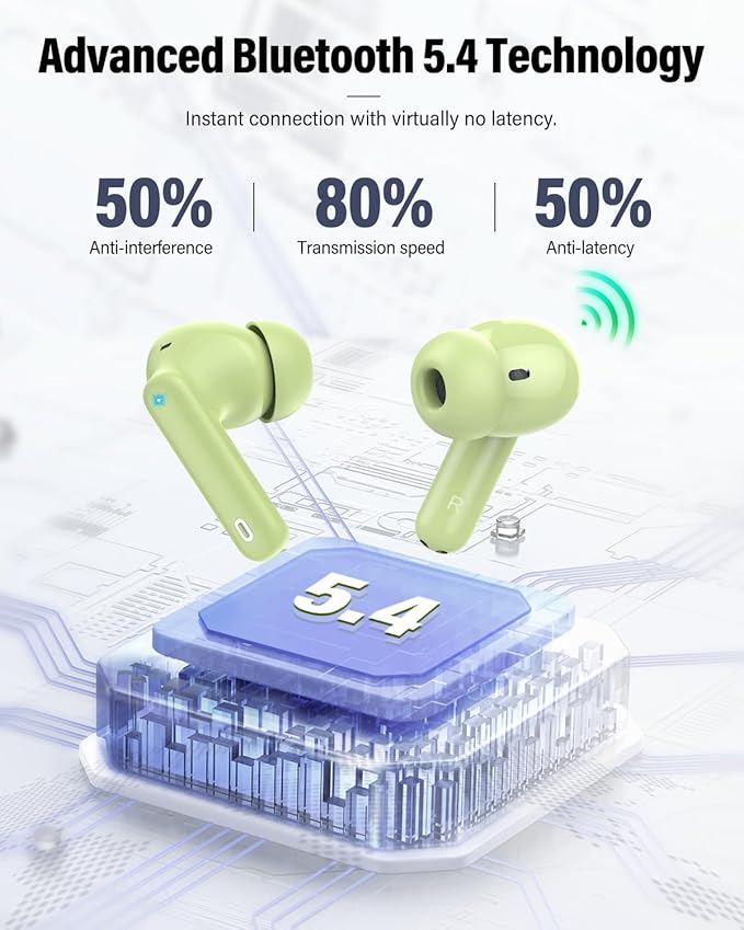 Wireless Earbuds, Bluetooth 5.4 Headphones Bass Stereo, Ear Buds with Noise Cancelling Mic, LED Display in Ear Earphones Clear Calls, IP7 Waterproof Bluetooth Earbuds for Laptop/Phones, Grass Green