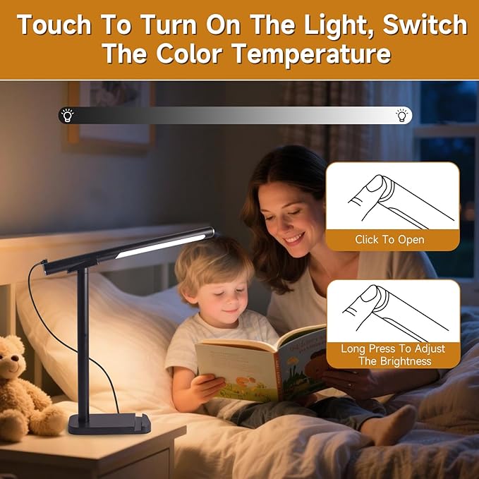 Magnetic Led Desk Lamp: 2 in 1 Reading Lamp with Phone Holder & USB Charging Port for Home Bedroom Office Study | Dorm Desk Lamp with 3500-6500k Touch Control Dimming | 5 Brightness Levels | Black