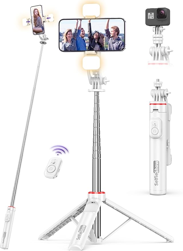 Selfie Stick Tripod with 2 Light, 3 Light Modes & 6 Brightness Levels Extendable Phone Tripod with Detachable Remote & Phone Holder, Portable Camera Tripod Compatible with iphone16 15 14 13/Android