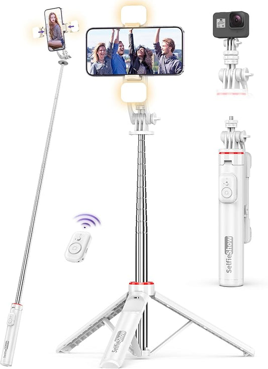Selfie Stick Tripod with 2 Light, 3 Light Modes & 6 Brightness Levels Extendable Phone Tripod with Detachable Remote & Phone Holder, Portable Camera Tripod Compatible with iphone16 15 14 13/Android