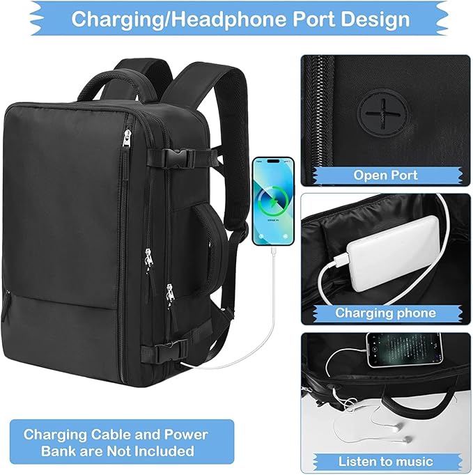 Hanples Travel Backpack for Women Men Large Carry On Person Item Flight Approved 17 In Laptop Backpack Waterproof anti theft Casual Luggage with 2 Toiletry Bag(Black)