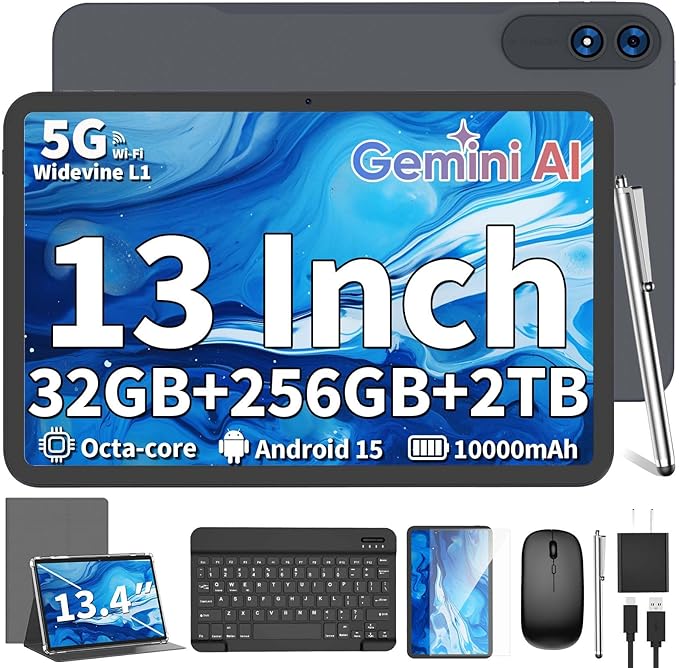 13.4 Inch Tablet Android 15 Tablets, 2025 Upgraded Android Tablet with Keyboard, 32GB RAM+256GB ROM(2TB Expand), Octa-Core, 2K 1920x1200 Display, 16MP Dual Camera, 10000mAh, 2.4G/5G WiFi, GPS (Silver)