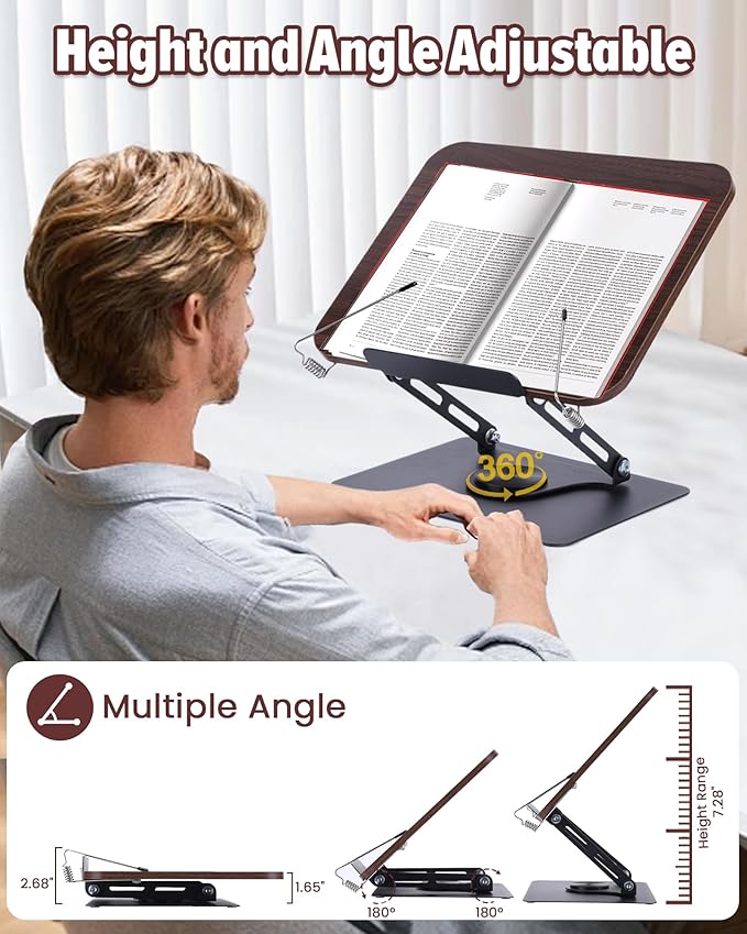 ASIEIT Book Stand for Reading, Adjustable Book Holder with 360° Rotating Bases & Elastic Page Clips, Foldable Bible Stand, Portable Reading Stand for Bible, Recipe, Magazine, Tablets, Laptops, Brown