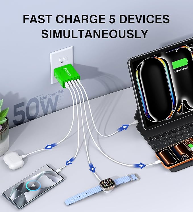 USB C Wall Charger, 50W USB C Charger Block 5-Port PD Fast Charging Blocks,USB A Multiport Plug Brick Cube,Dual Type C Power Adapter for iPhone 17/16/15/14/13/Pro,iPad,Samsung,for Switch（Green 2-Pack）