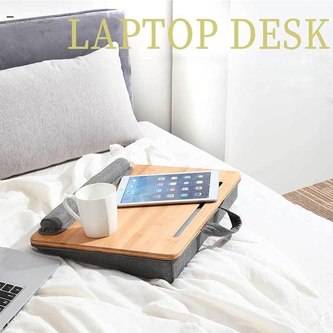 SUMISKY Lap Desk-Portable Laptop Stand with Cushion, Bamboo Platform with Phone Holder, Wrist Pad Fits up to 15.6 Inch Laptops