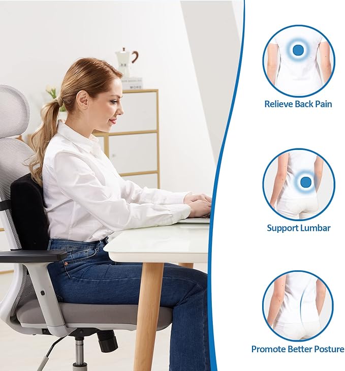 SAIREIDER Comfortable Lumbar Support Pillow for Office Chair, Memory Foam Back Support Pillows for Car、Gaming Chair、 Home Chair, Back Pain Relief Improve Posture, Double Adjustable Straps(Black)