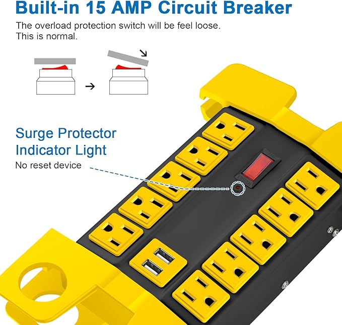 CCCEI Heavy Duty Power Strip with USB Ports, Garage 10 Outlets Surge Protector 2700 Joules, Industrial Workshop Metal 15Amp Multiple Outlets, 6 FT Extension Cord and Wide Spaced Black