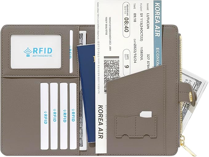 DOB SECHS Passport Holder Wallet for Women, Leather RFID Blocking Passport Cover Credit Cards Case Women Travel Accessories Organizer Pouch Bag with ID Window+Zippered Cash Pocket+SIM Slots, Grey