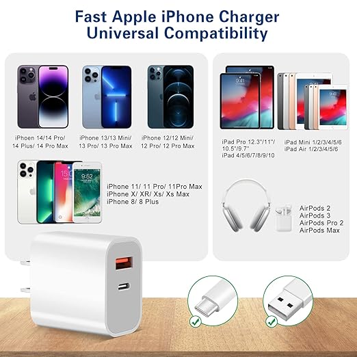 Fast Charger iPhone, Dual Port A/C Charging Adapter, 2Pack Quick Double Wall Charger Block, Apple Charger Block 10FT USBC to Lightning Cable for iPhone 14/13/12/11/ProMax/XS/XR
