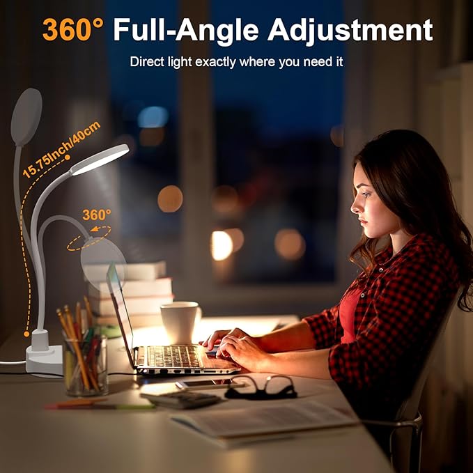 15W LED Desk Lamp with USB Charging Ports – Dimmable Table Lamp with 3 Color Temps, 5 Brightness, 4 Timers, Flexible Gooseneck Light with Base, Eye-Caring Reading Light for Home Office, Bedroom, Study
