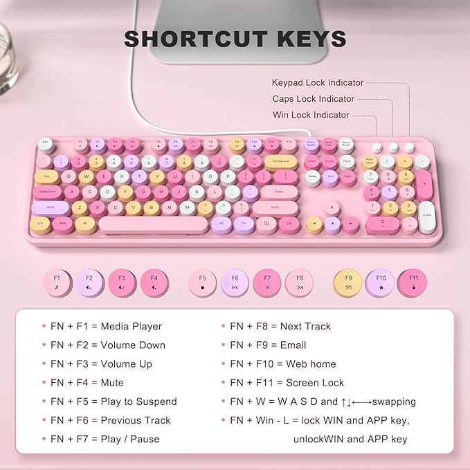 Colorful Computer Keyboards Wired, USB Plug and Play Full Size Typewriter Keyboard, Cute Aesthetic Keyboard with Foldable Stands for Windows PC Laptop (Pink)