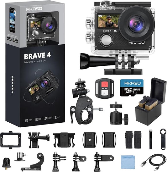 AKASO Brave 4 Action Camera 4K 30fps with 128GB MicroSDXC Card 20MP Ultra HD 131FT Waterproof Underwater Camera EIS WiFi Remote Control 5X Zoom Sport Cameras with Bicycle Accessories Kit Bundle