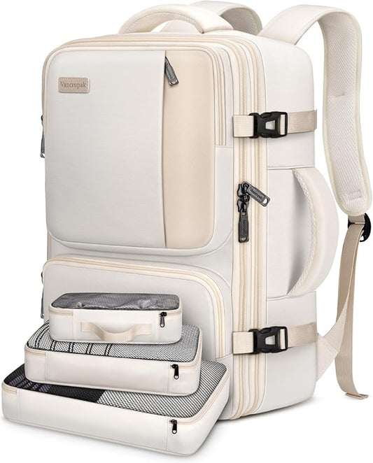 Vancropak Carry on Backpack, 47L Expandable Extra Large Travel Backpack with 3 Packing Cubes, Flight Approved Water Resistant Luggage Suitcase Weekend Duffle Bag Overnight Daypack for Women Men, Beige