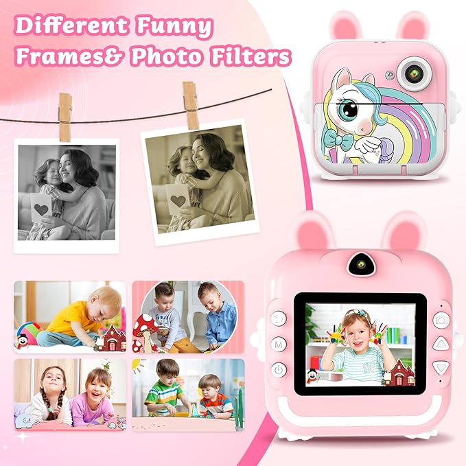 Kids Camera Instant Print Girls Boys, 2,4" HD 1080P, 32GB Card, with Photo Paper and Colored Pens, Instant Camera Holiday Birthday Gifts, Printable Toddler Portable Travel Print Toy (Pink)