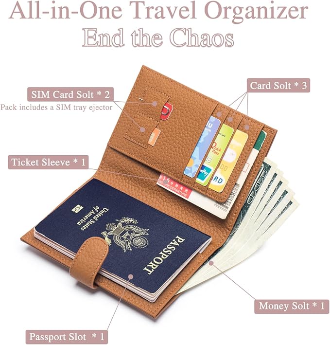 RFID Blocking Leather Passport Wallet for Travel – Passport Holder for Women with Card Slots, Coin Pocket, SIM Card Slot – Slim Genuine Leather Travel Organizer Gift Box (Brown)