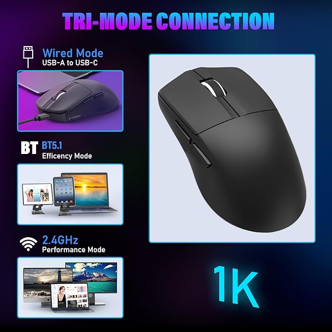 XuanGui Wireless Gaming Mouse,2.4G/BT/USB-C Wired,5-Level DPI 4000 Max,50g Lightweight,1000Hz Polling Rate,Macro Program,Side Buttons,44-Hour Battery Life,For Laptop/PC/Computer/Mac/Tablet (Black-2)
