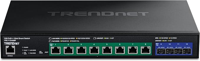 TRENDnet 12-Port 10G PoE++ Web Smart Switch, TPE-7124SBF, 720W PoE Power Budget, 8 x 10G PoE++ Ports, 4 x 10G SFP+ Ports, NDAA TAA Compliant, 1U 19" Rack Mountable, Lifetime Protection