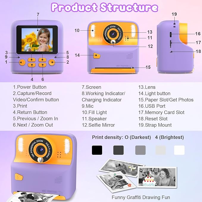 Kids Instant Print Camera, Portable Travel Toys Camera for Toddler, Print Black & White Photos Instantly, Ideal Birthday for Boys & Girls Ages 3–12 with Selfie Mirror (Purple)