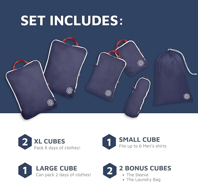 Extra Large Compression Packing Cube 6 Piece Set for Travel and Check Luggage by TRIPPED Travel Gear