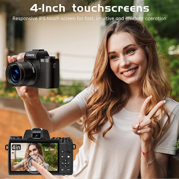 8K Digital Camera for Photography, WiFi Touchscreen Vlogging Cameras for YouTube with Autofocus,16X Digital Zoom Video Camera with 3000mAh Battery, Dual-Lens, Lens Hood, 32GB TF Card,Black