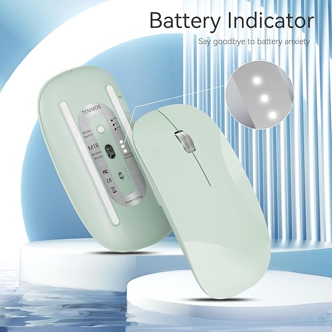 TENMOS M18 Bluetooth Mouse, USB C Rechargeable Wireless Mouse, Triple Mode (Dual Bluetooth+USB) Computer Silent Mice Portable with USB Receiver and Type C Adapter for Laptop/MacBook/iPad/PC - Green