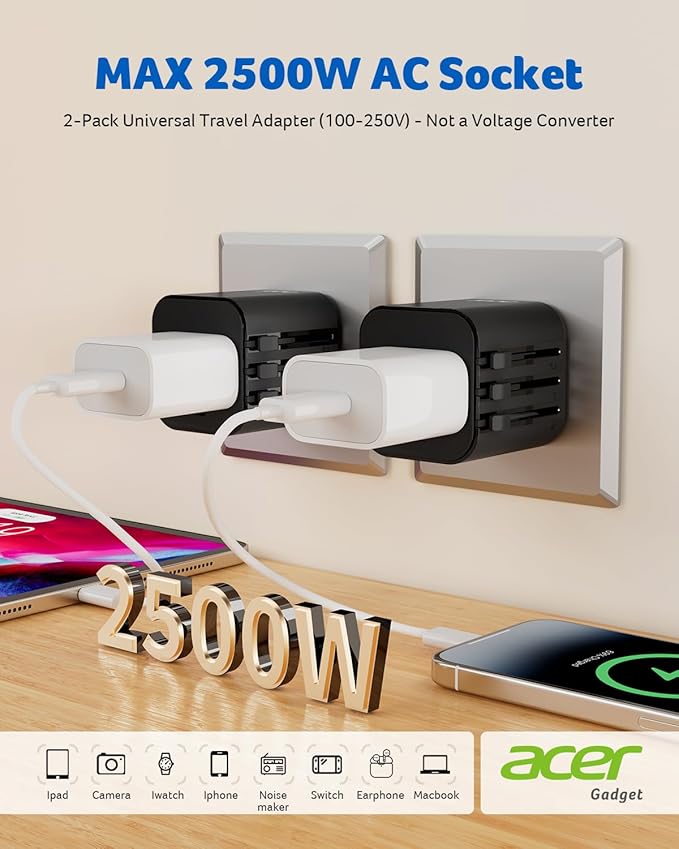 Acer US to Europe Plug Adapter, Universal Travel Adapter, International Power Adapter for USA to Europe UK France Germany Spain Ireland Australia (Type C/G/A/I),Black