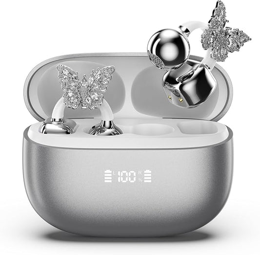 PAXA Bling Open Ear Clip On Earbuds with LED Display & Crystal Butterfly Earrings, Comfort Bluetooth 5.4 Wireless Ear Buds 50H Playtime for Women Girl Work, Fitness, Daily Wear, Gift, Silver