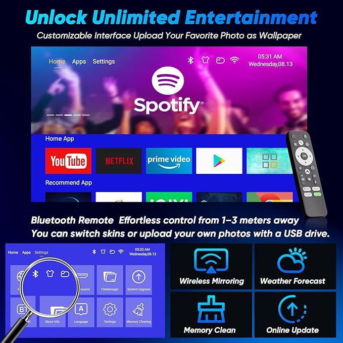 Mini Projector with WiFi and Bluetooth Auto Focus & Vertical Keystone Smart Portable Projector Android 13 with Built in Apps 1080P HD 4K Support w/ HDMI/USB Supported Home Movie Projector (Football)