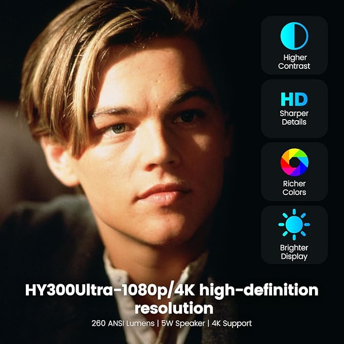 Mini Projector,Support 4K with Bluetooth 5.4 WIFI6, 5watt Sound Base Speaker,160 ANSI, Android 11,210° Rotation, Auto Keystone Correction Video Projector HY300 ULTRA