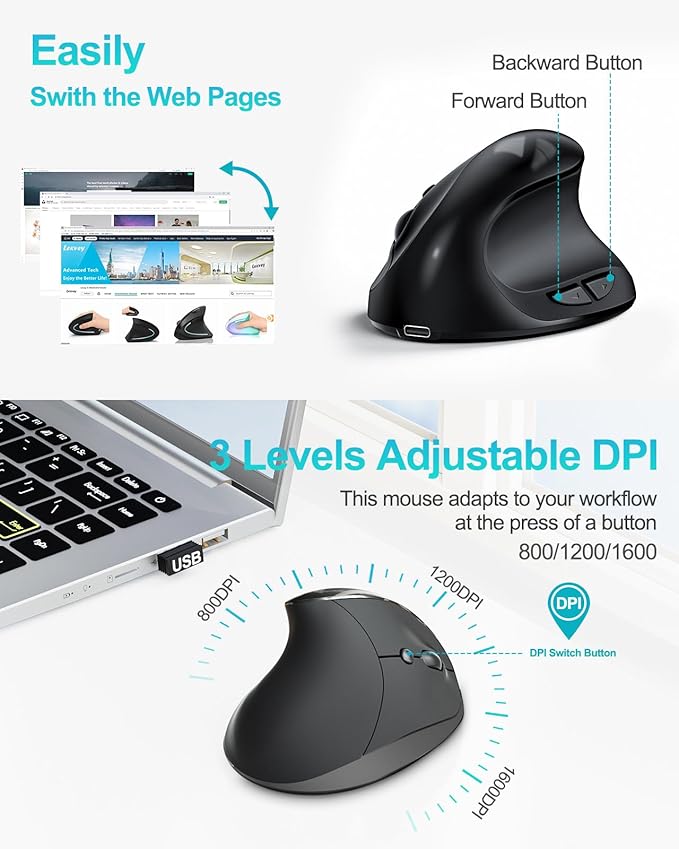 Lekvey Ergonomic Mouse, Vertical Wireless Mouse for Small/Medium Hands, Rechargeable with USB Receiver, 3 DPI for Comfort, Relieves Wrist Pain, Carpal Tunnel Mouse for Laptop, PC, Computer, Mac, Black