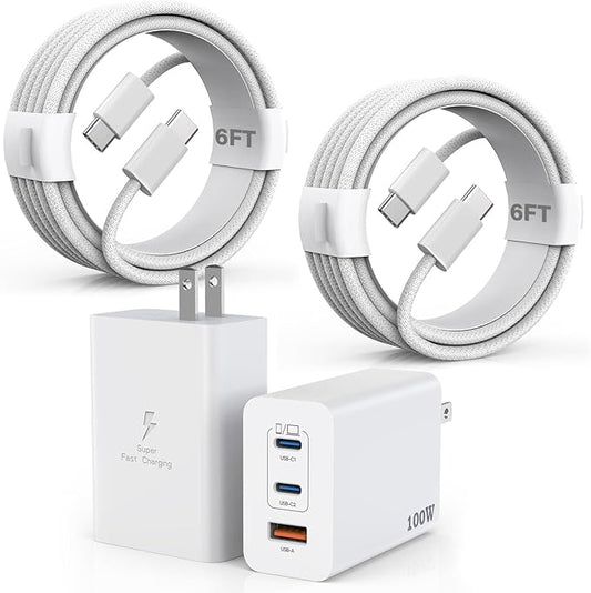100W USB C Charger, 2Pack 140W USB C to C Woven Cable 6FT Braided Cord 100W Type C MacBook Pro Charger Block 6Foot Super Fast Phone Charging 3 Port PD & AC Charge for MacBook Pro/iPhone 16/15/iPad Pro