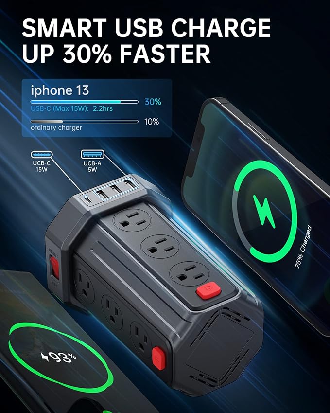 Power Strip Surge Protector, 10 Ft Extension Cord with 12 AC Multiple Outlets 4 USB (1 USB C), SMALLRT Power Tower Desktop Charging Station (Black, 16.4 FT)