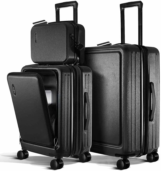 Luggage Sets 3 Piece, 22 Inch Carry on Luggage and 24 Inch Suitcases with Wheels Spinner, Durable Hard Shell Suitcase Set, Expandable Travel Suitcase, Black