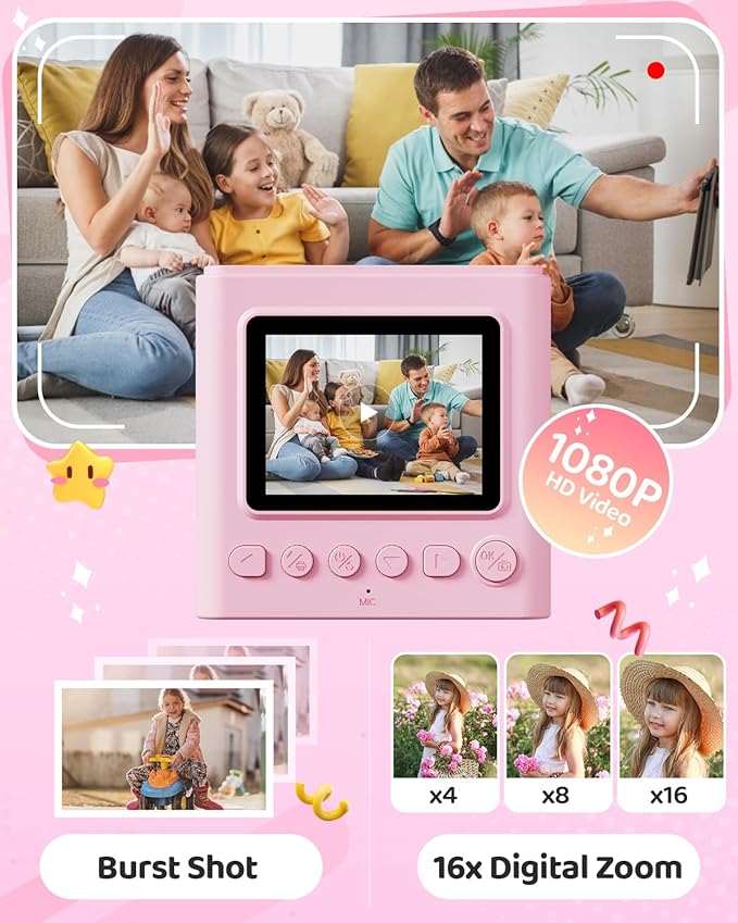 Kids Instant Print Camera, Christmas Birthday Gifts for Girls and Boys, 1080P HD Video Digital Kids Camera with Print Paper & 32G Card, Toddler Toy for 3-14 Years Old (Pink)