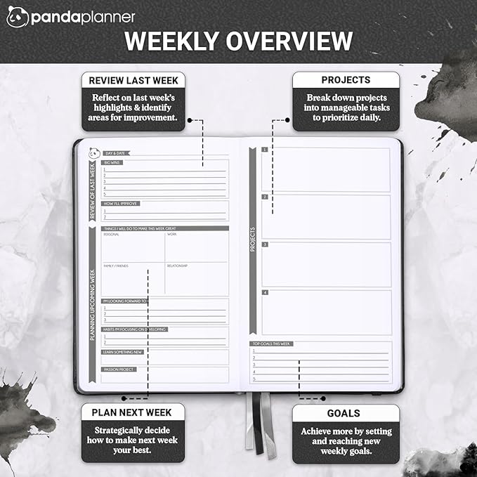 Panda Planner Classic A5 Daily Planner 2026 – Undated Quarterly & Productivity Planner with Hourly Schedule, To Do List, Daily Journal, Goal Planner, Habit Tracker & Gratitude Organizer – Black