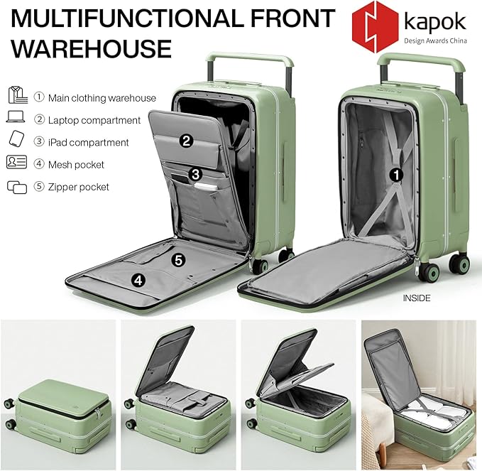 mixi Checked Luggage Wide Handle Luxury Design Rolling Travel Suitcase PC Hardside with Aluminum Frame Hollow Spinner Wheels, with Cover, 24 inch, Avocado Green
