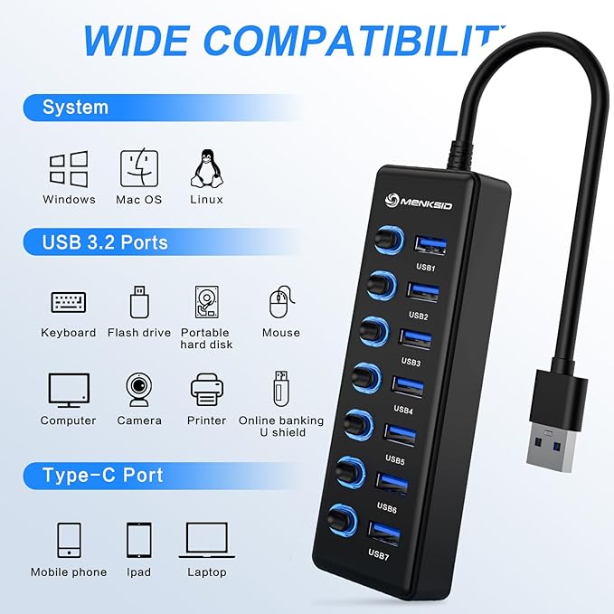 7-Port USB 3.0 Hub, Data USB Hub Splitter with Individual On/Off Switches and Lights, Compatible with Laptop, PC, MacBook, Mac Pro, Mac mini, iMac, Surface Pro and More
