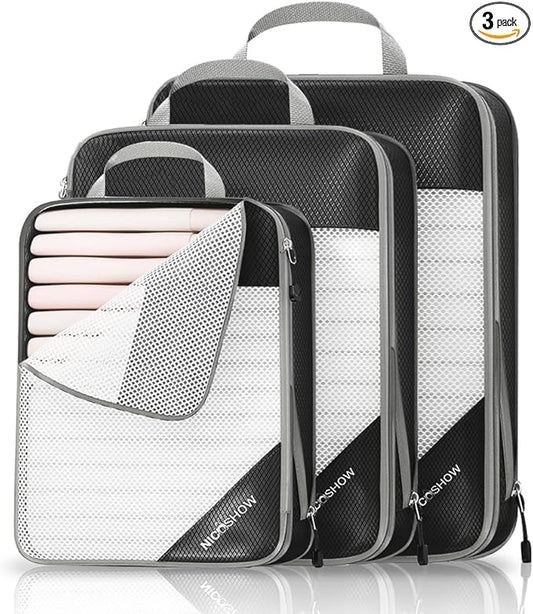 3 Set Compression Packing Cubes for Travel - Compressible, Lightweight, and Space-Saving Packing Cubes, Travel Essentials for Women, Black