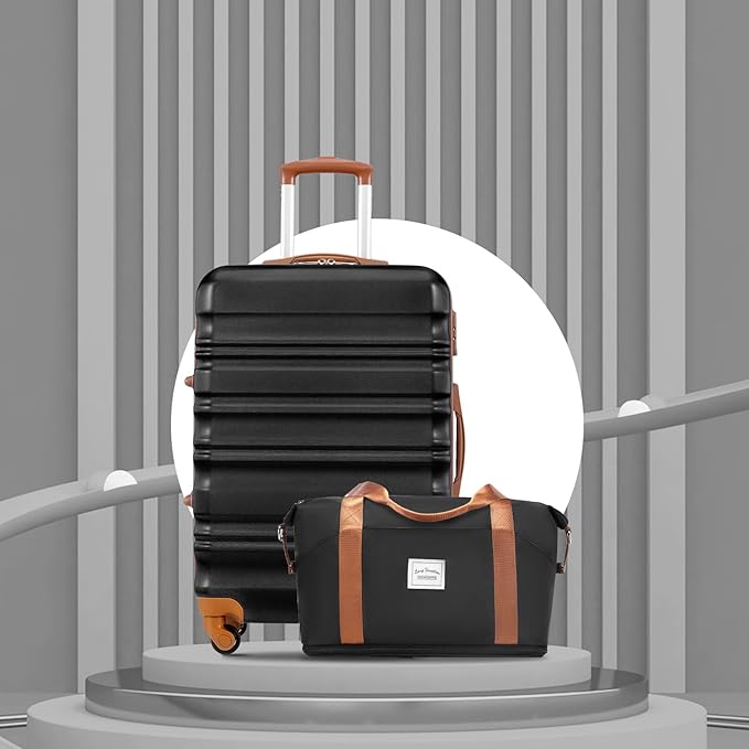 LONG VACATION 6 Piece Luggage Set Carry on Suitcase with ABS+PC hardshell, Spinner Wheels & YKK Zipper TSA Lock (BLACK-BROWN, 6 piece set)