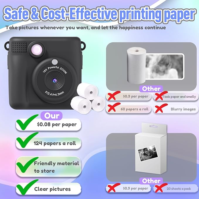 Kids Camera Instant Print, Christmas Birthday Gifts for Kids Age 3-12, Selfie Digital Camera with 1080P Videos,Toddler Portable Travel Cameras Toy for 4 5 6 7 8 9 Year Old Boys Black