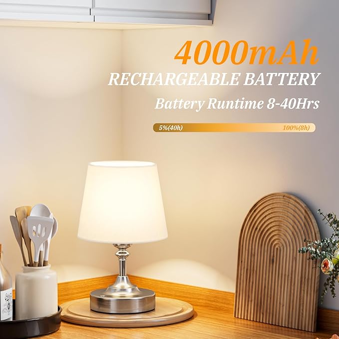 Kakanuo Mini Cordless Table Lamp Silver - 1 Pack 4000mAH Battery Operated Lamp for Decor, 3000K Stepless Dimming Touch Rechargeable Lamp for Bedroom, Dining Table, Counter, Living Room