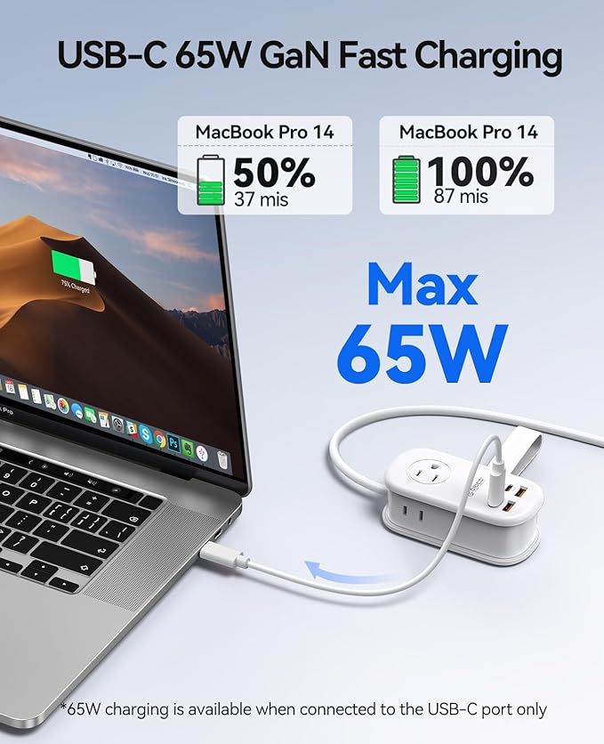 ORICO 65W GaN Travel Power Strip with 7-in-1 Charging Ports (3 AC Outlets/2 USB-A/2 USB-C), Flat Plug and 4FT Extension Cord, Fast Charger for MacBook Pro/Air, iPad Pro, iPhone 15/14/13- AP3