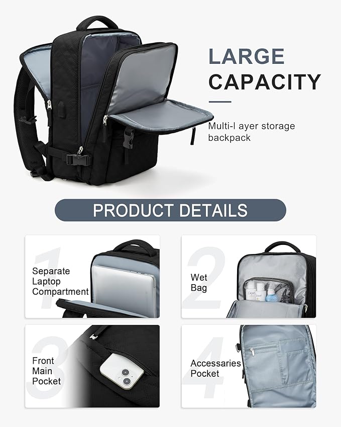 VECAVE Travel Carry on Laptop Backpack for Women Men, Flight Approved Backpack, Waterproof Sports College bag Casual Daypack for Weekender Business Hiking with Shoe Compartment black