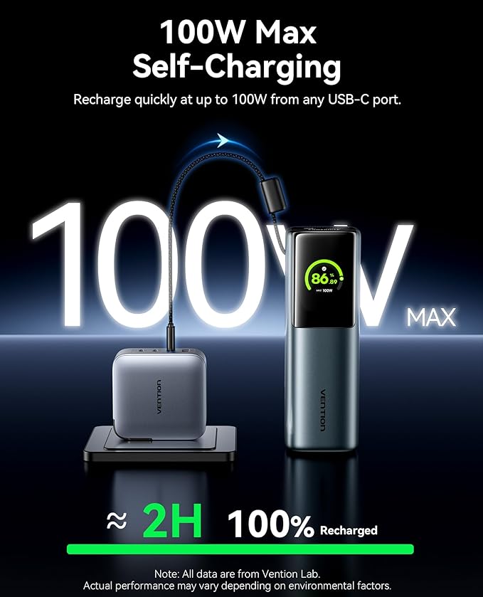 VENTION Powerhive 200W Portable Laptop Charger, 27000mAh Power Bank, Digital Display & Emoji Animation, Integrated USB-C Cable, for iPhone 16/15/14/13 Pro Max, MacBook, Dell, HP, Galaxy S24