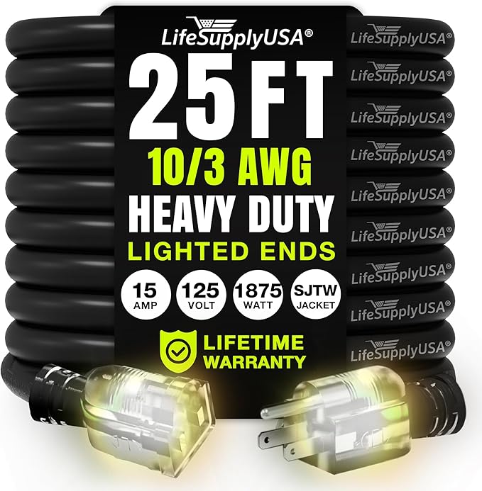 25ft Outdoor/Indoor Extension Cord 10/3 Gauge Ultra Heavy Duty 3 Prong SJTW, Waterproof, Flexible Cold-Resistant Long Power Cord,15A 125V 1875W, Black by LifeSupplyUSA