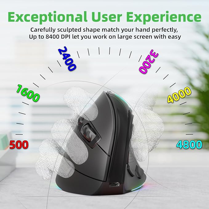 2.4G / BT/Wired Tri-Mode RGB Rechargeable G53 Wireless Vertical Ergonomic Mouse, 5 Side Buttons, Max 8400 DPI, for PC Computer Notebook Laptop, for Windows 11 10, Mac, iPad OS, Android - Black